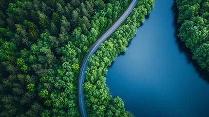 Aerial view of road in green woods and blue lakes water in summer Finland : Generative AI
