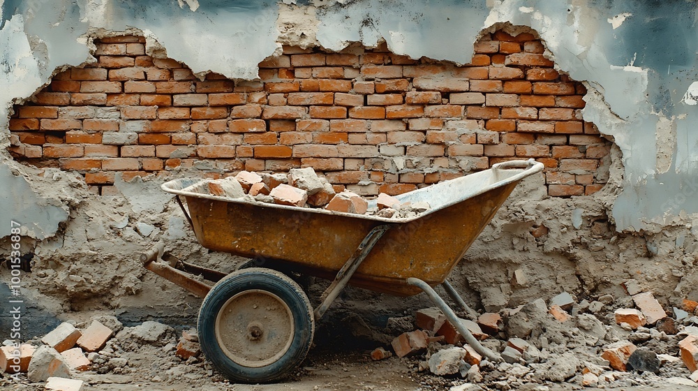 Aufkleber break the wall for renovation and build the door for entrance of building wheelbarrow with broken br