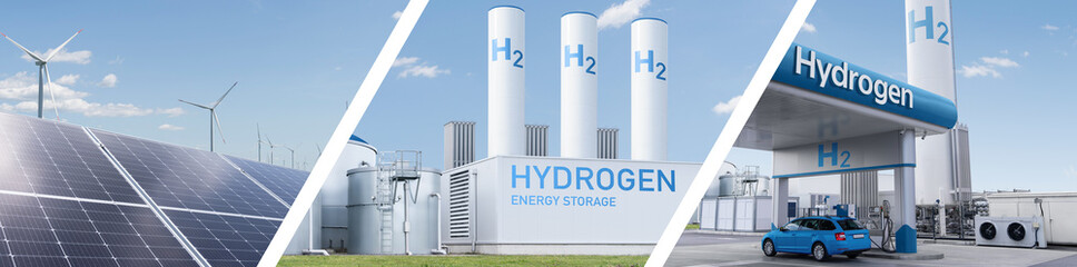 Collage of three parts: renewable energy sources, hydrogen factory, hydrogen filling station. Concept of green hydrogen production and transportation