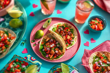 Colorful Mexican taco plate with fresh lime, vegetables, lettuce, and chicken on a vibrant table