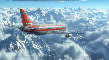 Scenic flight of a vintage airplane with red wings traveling over snowy mountains and white clouds