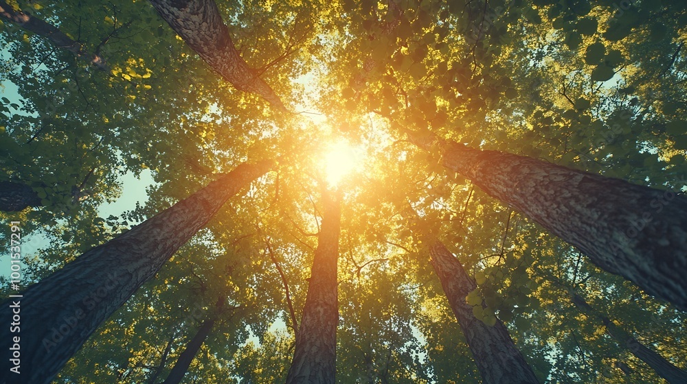 Aufkleber Spring Sun Shining Through Canopy Of Tall Trees Woods Sunlight In Forest Summer Nature Upper Branches Of Trees Background Nobody Environment concept : Generative AI