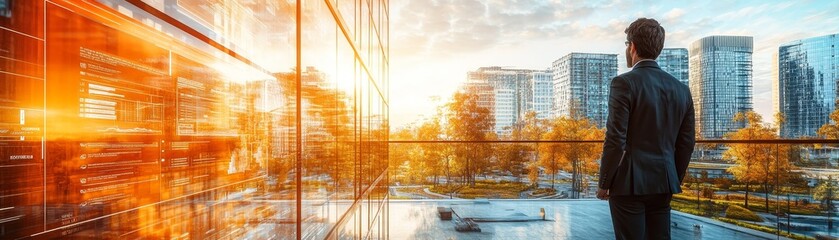 A serene sunset view over a modern city, showcasing a person in business attire reflecting on opportunities amidst striking architecture.