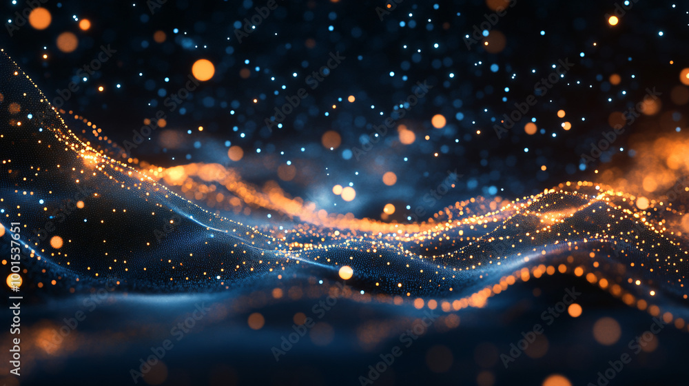Poster orange and blue abstract particles flow, creating a digital wave and glowing against a dark backdrop