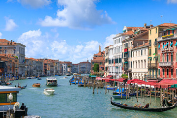 View of the Grand Canal from the Rialto Bridge in Venice, Italy.
