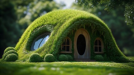 Photo of a unique and ecofriendly grass house with sustainable symbol of recycling : Generative AI