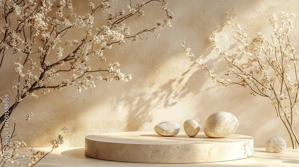 Poster composition empty podium material tree stone dry flowers product presentation background beige green