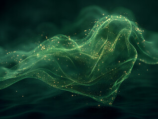 Ethereal abstract particles in digital wavy shimmering mystical floating green mesh