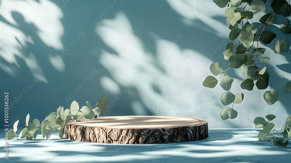 Aufkleber abstract empty wood slice podium with eucalyptus leaves and shadows on blue background mock up stand