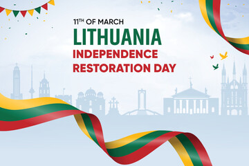 Lithuania Flag Waving On Skyline Background. Independence Restoration Day Concept Design Vector Illustration.