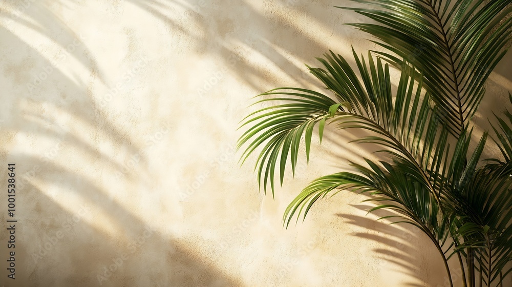 Aufkleber minimal product placement background with palm shadow on beige plaster wall luxury summer architectu