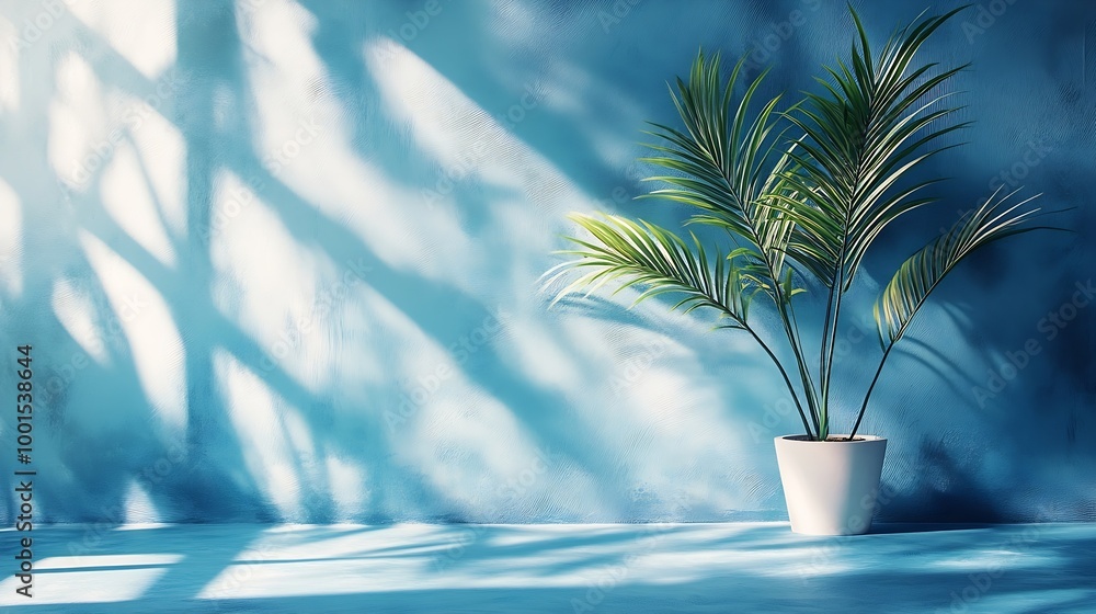 Poster minimal product placement background with palm shadow on blue plaster wall luxury summer architectur