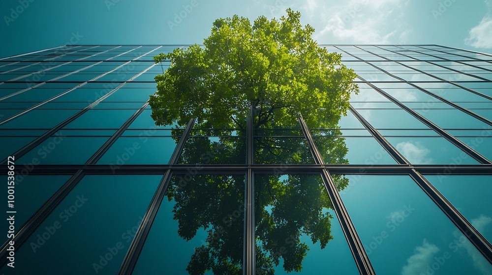 Poster sustainable green building ecofriendly building sustainable glass office building with tree for redu