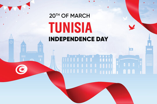 Tunisia Flag Waving On Skyline Background. Independence Day Concept Design Vector Illustration.