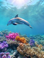 A dolphin is swimming in the ocean next to a coral reef