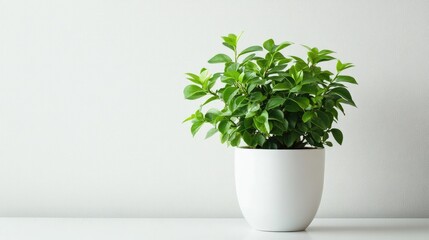 Obraz premium A vibrant green plant in a modern white flowerpot with a clean, light-colored background, highlighting sophistication