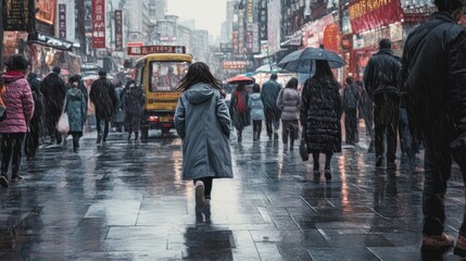 Obraz premium Lone Girl in Gray Coat Walking in a Colorful Rainy City, Surrounded by Umbrellas
