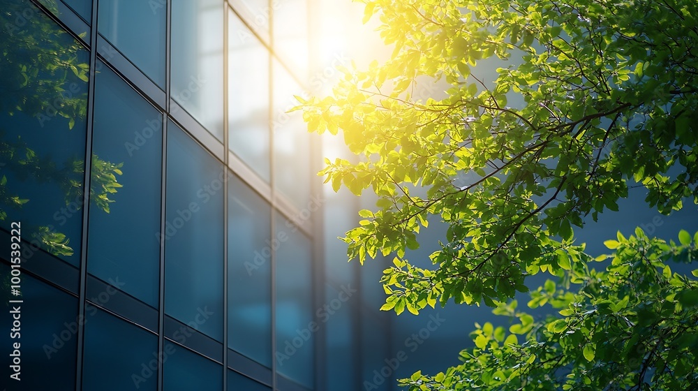 Poster sustainable green building ecofriendly building sustainable glass office building with tree for redu