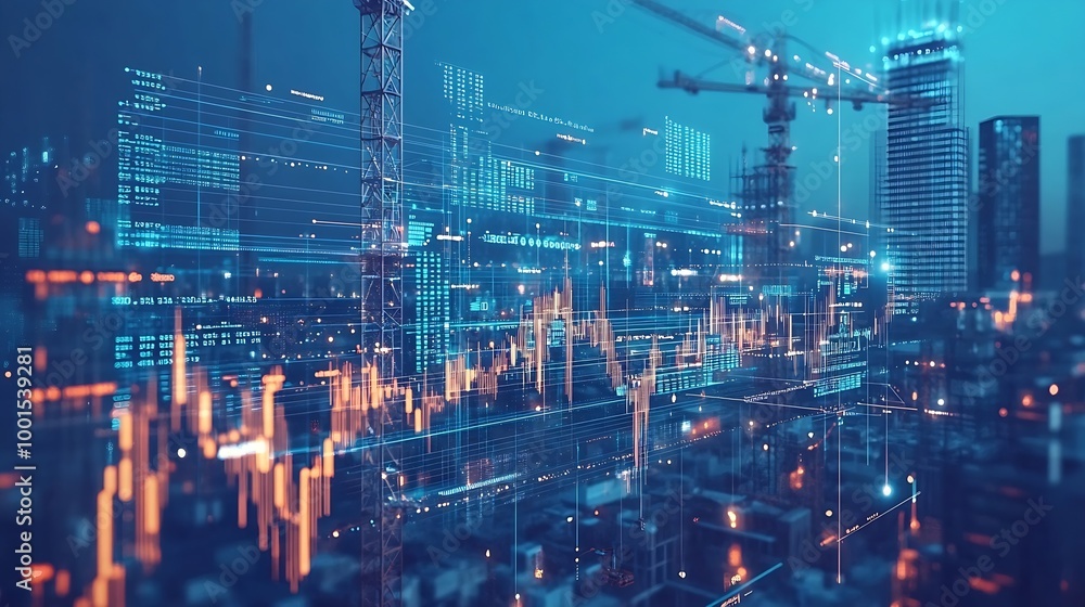 Poster Image of financial data processing over crane and construction site global development business finance digital interface and data processing concept digitally generated image : Generative AI