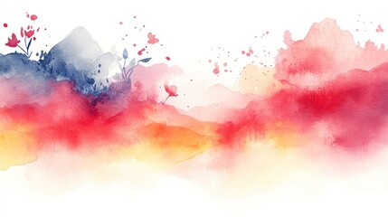Obraz premium Abstract watercolor painting with vibrant red, orange, and blue hues, featuring delicate flower illustrations ideal for backgrounds, art projects, invitations, or inspirational designs,