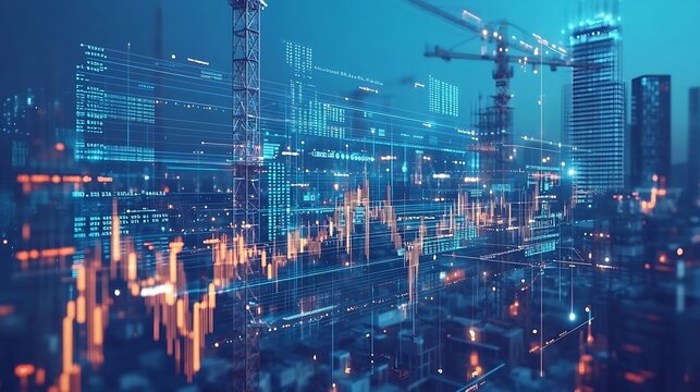 Image of financial data processing over crane and construction site global development business finance digital interface and data processing concept digitally generated image : Generative AI