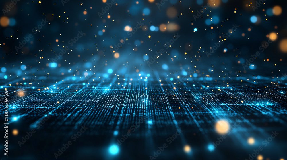 Poster Digital grid with glowing particles creating an abstract technology background