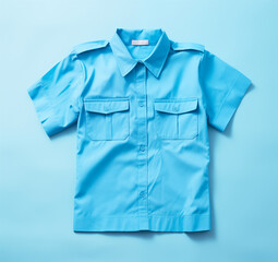 Bright blue uniform shirt with short sleeves, collar, and pockets neatly displayed