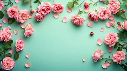Pink roses scattered on a pastel green background creating a romantic and fresh vibe, ideal for invitations, greeting cards, or spring-themed designs, The composition exudes elegance and simplicity,
