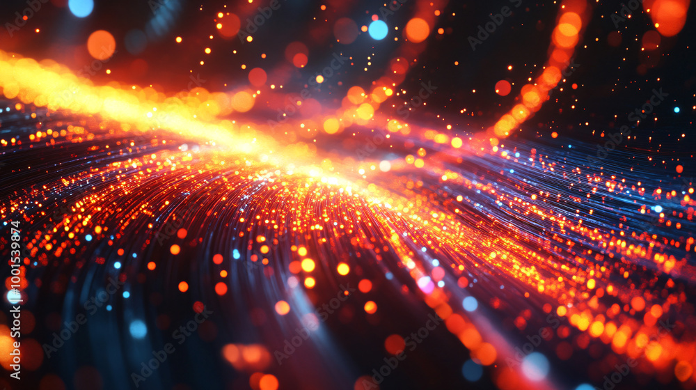 Poster vibrant abstract backdrop with flowing wavy lines and glowing particles