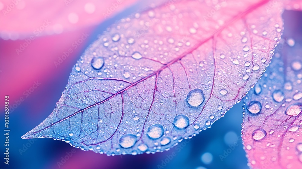 Aufkleber transparent skeleton leaf with beautiful texture on a blue and pink background glass with shiny wate