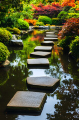 Garden with stone paths leading through lush greenery reflecting the water's surface 