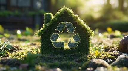 Photo of a unique and ecofriendly grass house with sustainable symbol of recycling : Generative AI