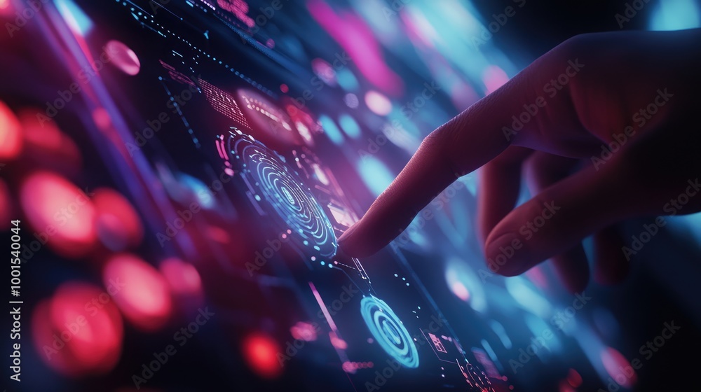 Poster a virtual business interface being touched by a finger, captured in full frame to emphasize digital 