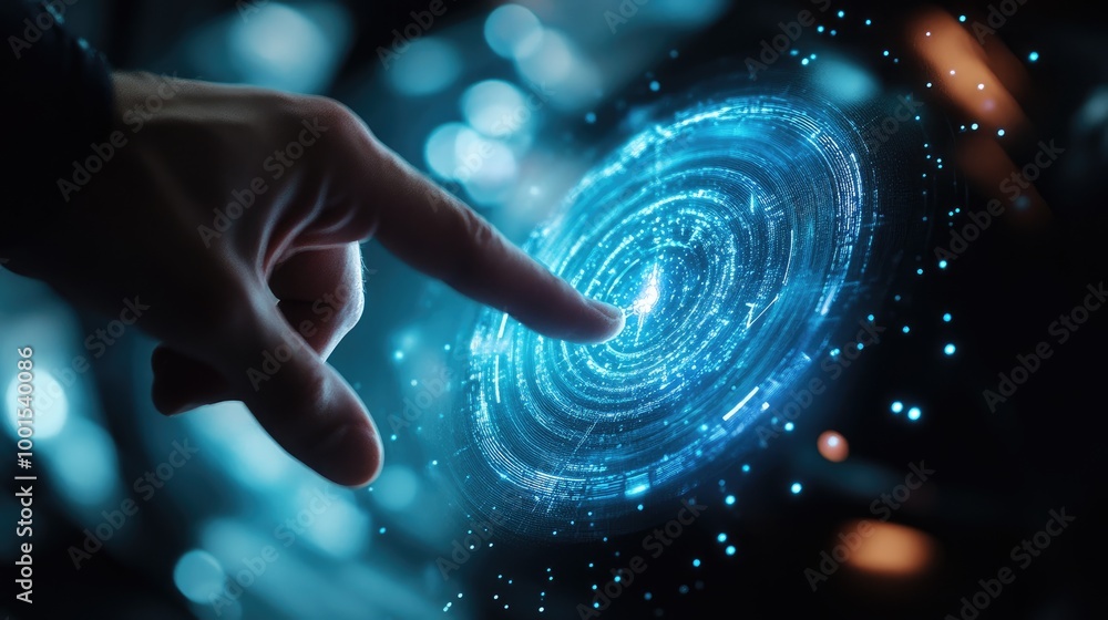 Poster a virtual business point being touched by a finger, captured in full frame to highlight digital inte