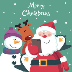 Christmas greeting card with Santa, deer, snowman and penguin doing selfy. 