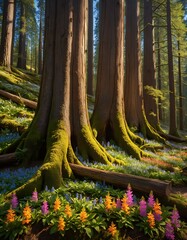 vibrant forest of tall trees with colorful wildflowers and mossy logs