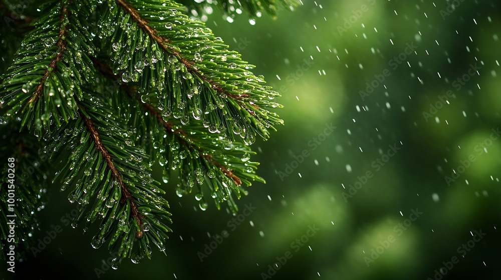 Poster wet coniferous trees with shiny drops wet leaves of a pine tree with blurry green background closeup