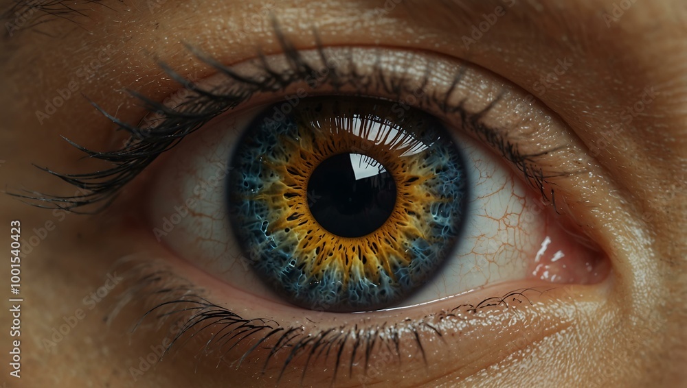 Poster close-up of a blinking eye with detailed iris patterns and a futuristic overlay.