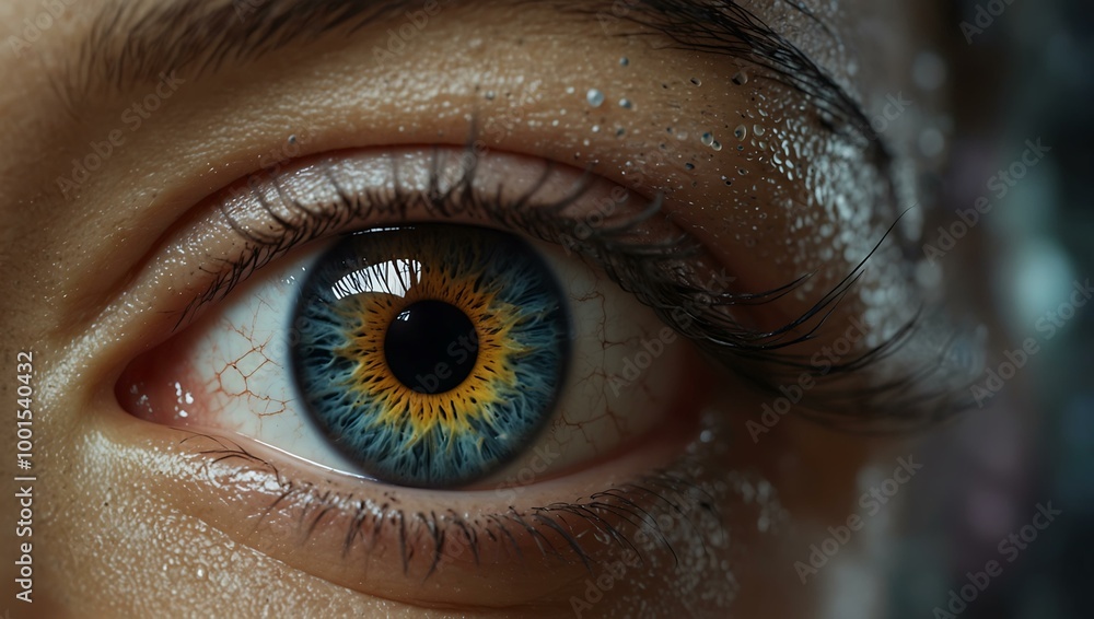 Poster close-up of a blinking eye with detailed iris patterns and a futuristic overlay.
