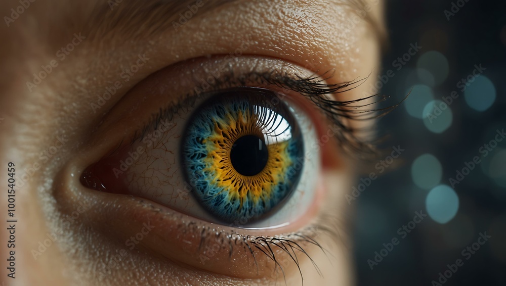 Poster close-up of a blinking eye with detailed iris patterns and a futuristic overlay.