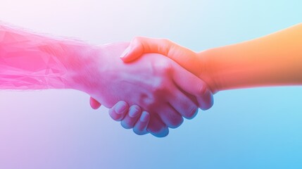 A virtual handshake on a calming gradation color background, illustrating modern digital communication and professional unity