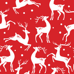 Christmas seamless pattern with reindeer on red pattern. 