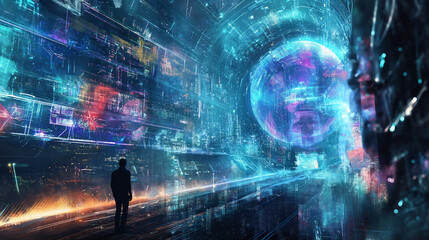 Obraz premium Futuristic cyberpunk cityscape with neon hologram technology in a virtual and surreal digital world