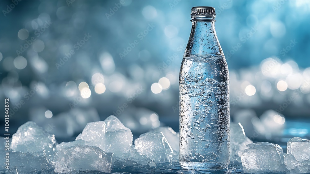 Poster a glass bottle with cold natural drinking water stands on an ice podium against a background of tran