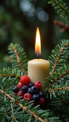 Close-up of a candle in a spruce tree with berries and green background.