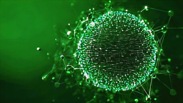 Green molecular dots flicker and dance random harmonious pattern. quantum particle motion, connect, complex, dynamic mesh green dots molecules, atomic structure 4k Video technology Background Video