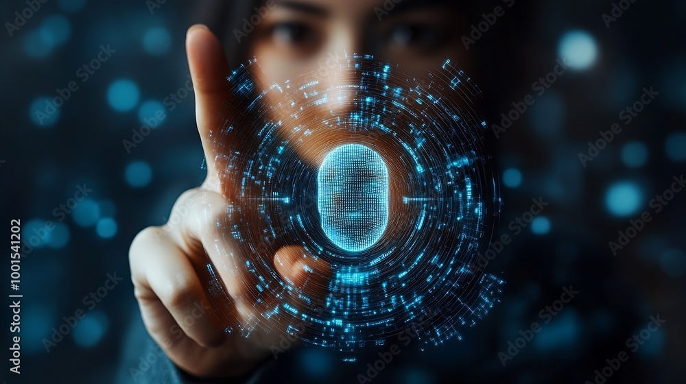 Poster KYC Know your customer concept Biometrics security Person holding identity verification symbol for Increase financial security and access personal financial data : Generative AI