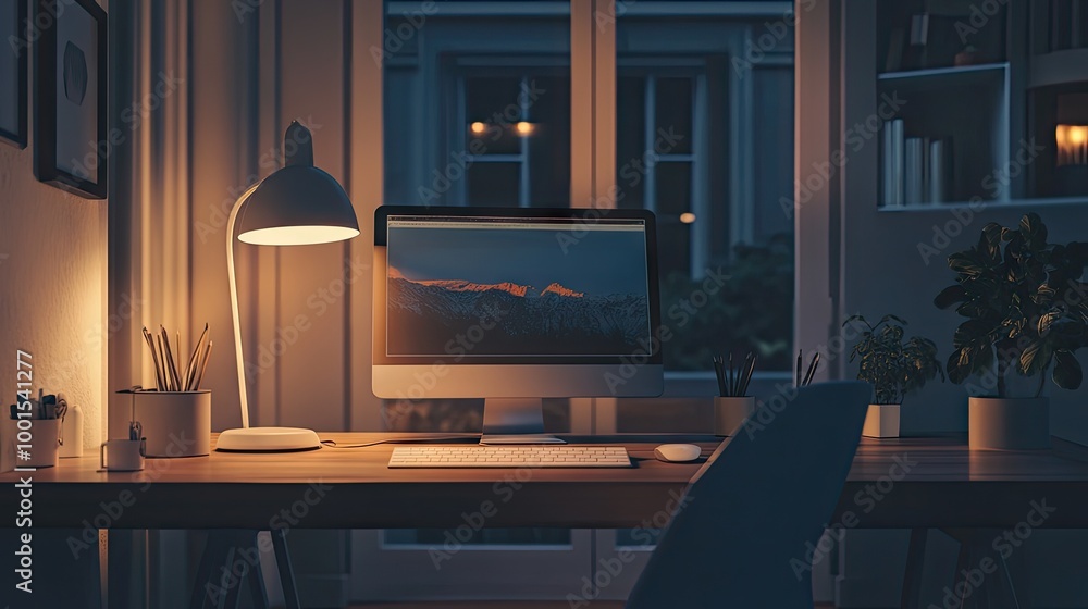 Poster a modern desk equipped with a desktop computer and lamp, set in a cozy home office environment, crea