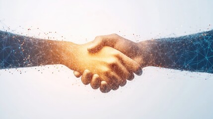 A virtual handshake overlayed on a subtle gradation light color background, showcasing the concept of digital networking and collaboration
