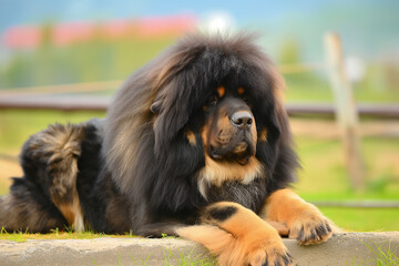 Fototapeta premium Tibetan Mastiff dog posing outdoors, showcasing large fluffy black fur in a relaxed, majestic manner
